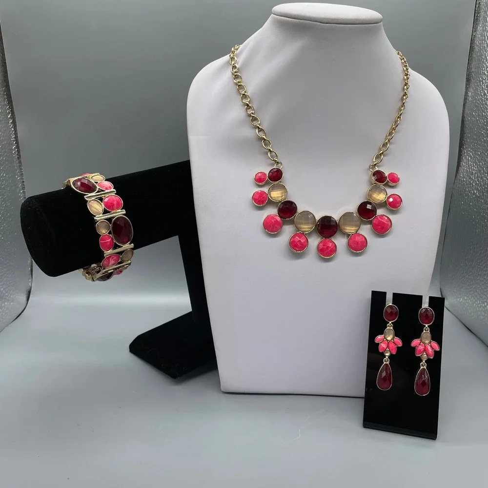 Pappagallo Gold Tone Pink Raspberry Cabochon Necklace Earrings Bracelet Set 80's - Picture 1 of 11